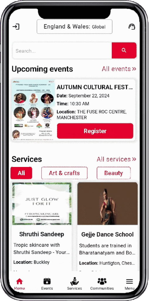 Scrolling image of the DesiUKConnect mobile application on a mobile device